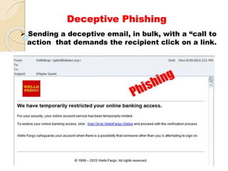 Deceptive Phishing
 Sending a deceptive email, in bulk, with a “call to
action that demands the recipient click on a link.
 