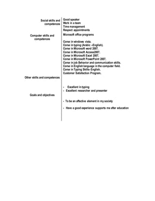 Social skills and
competences
Good speaker
Work in a team
Time management
Respect appointments
Computer skills and
competences
Other skills and competences
Goals and objectives
Microsoft office programs
Corse in windows vista.
Corse in typing (Arabic –English).
Corse in Microsoft word 2007.
Corse in Microsoft Access2007.
Corse in Microsoft Excel 2007.
Corse in Microsoft PowerPoint 2007.
Corse in job Behavior and communication skills.
Corse in English language in the computer field.
Corse in Typing Skills- English.
Customer Satisfaction Program.
- Excellent in typing
- Excellent researcher and presenter
- To be an affective element in my society
- Have a good experience supports me after education
 
