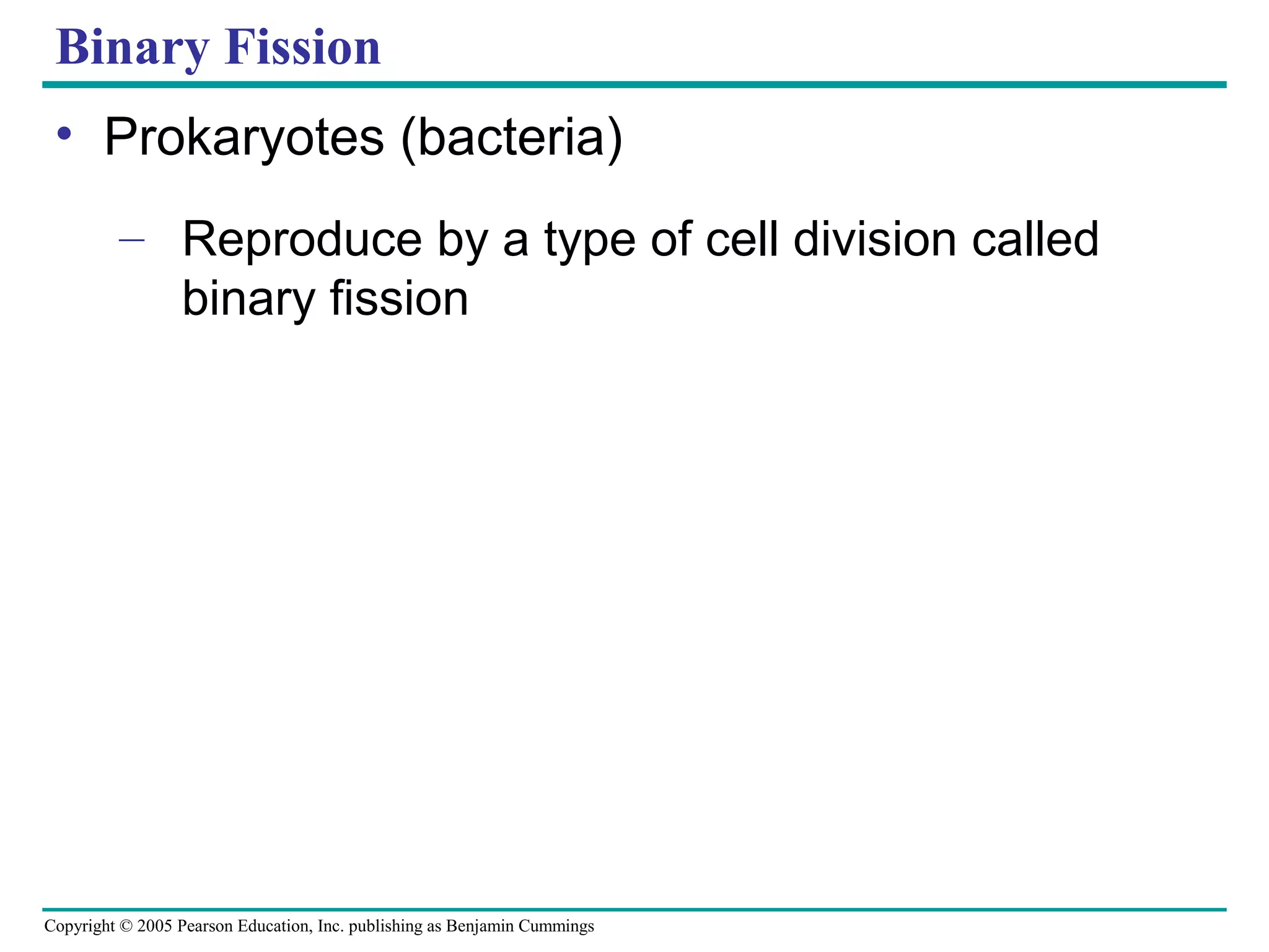 Binary Fission
• Prokaryotes (bacteria)
– Reproduce by a type of cell division called
binary fission

Copyright © 2005 Pearson Education, Inc. publishing as Benjamin Cummings

 