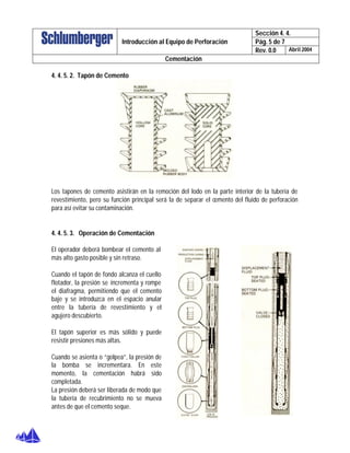 Sección 4. 4.
Pág. 5 de 7Introducción al Equipo de Perforación
Rev. 0.0 Abril 2004
Cementación
4. 4. 5. 2. Tapón de Cemento
Los tapones de cemento asistirán en la remoción del lodo en la parte interior de la tubería de
revestimiento, pero su función principal será la de separar el cemento del fluido de perforación
para así evitar su contaminación.
4. 4. 5. 3. Operación de Cementación
El operador deberá bombear el cemento al
más alto gasto posible y sin retraso.
Cuando el tapón de fondo alcanza el cuello
flotador, la presión se incrementa y rompe
el diafragma, permitiendo que el cemento
baje y se introduzca en el espacio anular
entre la tubería de revestimiento y el
agujero descubierto.
El tapón superior es más sólido y puede
resistir presiones más altas.
Cuando se asienta o “golpea”, la presión de
la bomba se incrementara. En este
momento, la cementación habrá sido
completada.
La presión deberá ser liberada de modo que
la tubería de recubrimiento no se mueva
antes de que el cemento seque.
 