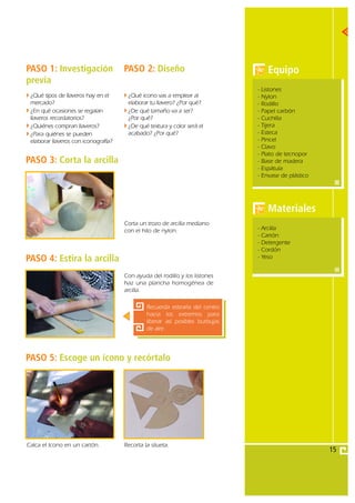PASO 1: Investigación                 PASO 2: Diseño                                 Equipo
previa
                                                                               - Listones
 ¿Qué tipos de llaveros hay en el      ¿Qué icono vas a emplear al             - Nylon
 mercado?                              elaborar tu llavero? ¿Por qué?          - Rodillo
 ¿En qué ocasiones se regalan          ¿De qué tamaño va a ser?                - Papel carbón
 llaveros recordatorios?               ¿Por qué?                               - Cuchilla
 ¿Quiénes compran llaveros?            ¿De qué textura y color será el         - Tijera
 ¿Para quiénes se pueden               acabado? ¿Por qué?                      - Esteca
 elaborar llaveros con iconografía?                                            - Pincel
                                                                               - Clavo
                                                                               - Plato de tecnopor
PASO 3: Corta la arcilla                                                       - Base de madera
                                                                               - Espátula
                                                                               - Envase de plástico




                                                                                     Materiales
                                      Corta un trozo de arcilla mediano
                                      con el hilo de nylon.                    -   Arcilla
                                                                               -   Cartón
                                                                               -   Detergente
                                                                               -   Cordón
PASO 4: Estira la arcilla                                                      -   Yeso


                                      Con ayuda del rodillo y los listones
                                      haz una plancha homogénea de
                                      arcilla.

                                               Recuerda estirarla del centro
                                               hacia los extremos para
                                               liberar así posibles burbujas
                                               de aire.




PASO 5: Escoge un ícono y recórtalo




Calca el ícono en un cartón.          Recorta la silueta.
                                                                                                      15
 
