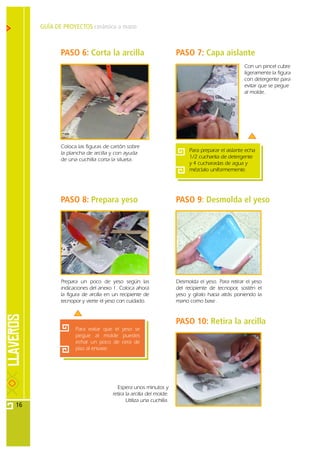 GUÍA DE PROYECTOS cerámica a mano



            PASO 6: Corta la arcilla                              PASO 7: Capa aislante
                                                                                                Con un pincel cubre
                                                                                                ligeramente la figura
                                                                                                con detergente para
                                                                                                evitar que se pegue
                                                                                                al molde.




            Coloca las figuras de cartón sobre
                                                                       Para preparar el aislante echa
            la plancha de arcilla y con ayuda
                                                                       1/2 cucharita de detergente
            de una cuchilla corta la silueta.
                                                                       y 4 cucharadas de agua y
                                                                       mézclalo uniformemente.




            PASO 8: Prepara yeso                                  PASO 9: Desmolda el yeso




            Prepara un poco de yeso según las                     Desmolda el yeso. Para retirar el yeso
            indicaciones del anexo 1. Coloca ahora                del recipiente de tecnopor, sostén el
            la figura de arcilla en un recipiente de              yeso y gíralo hacia atrás poniendo la
            tecnopor y vierte el yeso con cuidado.                mano como base .


                                                                  PASO 10: Retira la arcilla
                  Para evitar que el yeso se
                  pegue al molde puedes
                  echar un poco de cera de
                  piso al envase.




                                     Espera unos minutos y
                                   retira la arcilla del molde.
                                          Utiliza una cuchilla.
16
 