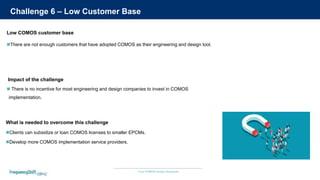 Your COMOS Design Assistants
Challenge 6 – Low Customer Base
 There is no incentive for most engineering and design companies to invest in COMOS
implementation.
Impact of the challenge
There are not enough customers that have adopted COMOS as their engineering and design tool.
Low COMOS customer base
Clients can subsidize or loan COMOS licenses to smaller EPCMs.
Develop more COMOS implementation service providers.
What is needed to overcome this challenge
 