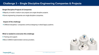 Your COMOS Design Assistants
Challenge 3 – Single Discipline Engineering Companies & Projects
Majority of small to medium size projects are single discipline projects.
Some engineering companies are single-discipline companies.
Single Discipline Projects & Companies
 Training and support.
More COMOS implementation service providers.
What is needed to overcome this challenge
 Different disciplines / companies continue designing in siloed legacy systems.
Impact of the challenge
 