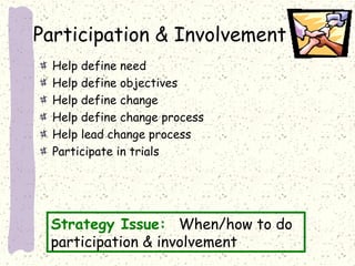 Participation & Involvement
Help define need
Help define objectives
Help define change
Help define change process
Help lead change process
Participate in trials

Strategy Issue: When/how to do
participation & involvement

 
