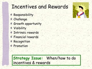 Incentives and Rewards
Responsibility
Challenge
Growth opportunity
Visibility
Intrinsic rewards
Financial rewards
Recognition
Promotion

Strategy Issue: When/how to do
incentives & rewards

 