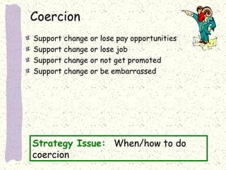 Coercion
Support change
Support change
Support change
Support change

or
or
or
or

lose pay opportunities
lose job
not get promoted
be embarrassed

Strategy Issue: When/how to do
coercion

 