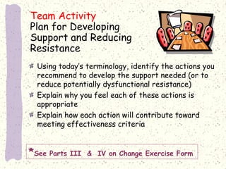 Team Activity
Plan for Developing
Support and Reducing
Resistance
Using today’s terminology, identify the actions you
recommend to develop the support needed (or to
reduce potentially dysfunctional resistance)
Explain why you feel each of these actions is
appropriate
Explain how each action will contribute toward
meeting effectiveness criteria

*See Parts III

& IV on Change Exercise Form

 