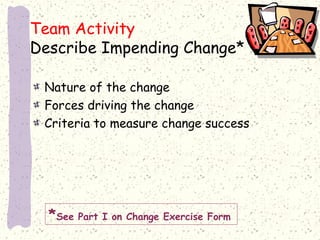 Team Activity
Describe Impending Change*
Nature of the change
Forces driving the change
Criteria to measure change success

*See Part I on Change Exercise Form

 