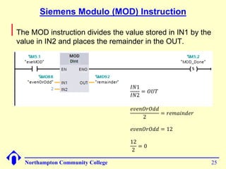 Siemens Modulo (MOD) Instruction 
The MOD instruction divides the value stored in IN1 by the 
value in IN2 and places the remainder in the OUT. 
퐼푁1 
퐼푁2 
= 푂푈푇 
푒푣푒푛푂푟푂푑푑 
2 
= 푟푒푚푎푖푛푑푒푟 
푒푣푒푛푂푟푂푑푑 = 12 
12 
2 
= 0 
Northampton Community College 25 
 