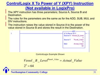 ControlLogix X To Power of Y (XPY) Instruction 
(Not available in LogixPro) 
 The XPY instruction has three parameters; Source A, Source B and 
Destination. 
 The rules for the parameters are the same as for the ADD, SUB, MUL and 
DIV instructions. 
 The instruction raises the value stored in Source A to the power of the 
value stored in Source B and stores the result in the Destination. 
XPY 
1 X To Pow er Of Y 
Source X Vessel_B_Level 
2 
Source Y Thumb_Value 
6 
Dest Actual_Value 
64 
ControlLogix Example Shown 
Vessel _ B _ Level Thumb _ 
Value 
 Actual _ 
Value 6 
2  
64 
Northampton Community College 31 
 