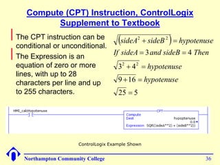 Compute (CPT) Instruction, ControlLogix 
Supplement to Textbook 
The CPT instruction can be 
conditional or unconditional. 
The Expression is an 
equation of zero or more 
lines, with up to 28 
characters per line and up 
to 255 characters. 
 2 2 
 
sideA sideB hypotenuse 
If sideA and sideB Then 
2 2 
3 4 
  
  
  
9 16 
  
25 5 
3 4 
 
hypotenuse 
hypotenuse 
ControlLogix Example Shown 
Northampton Community College 36 
 