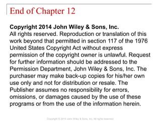 End of Chapter 12
Copyright © 2014 John Wiley & Sons, Inc. All rights reserved.
Copyright 2014 John Wiley & Sons, Inc.
All rights reserved. Reproduction or translation of this
work beyond that permitted in section 117 of the 1976
United States Copyright Act without express
permission of the copyright owner is unlawful. Request
for further information should be addressed to the
Permission Department, John Wiley & Sons, Inc. The
purchaser may make back-up copies for his/her own
use only and not for distribution or resale. The
Publisher assumes no responsibility for errors,
omissions, or damages caused by the use of these
programs or from the use of the information herein.
 