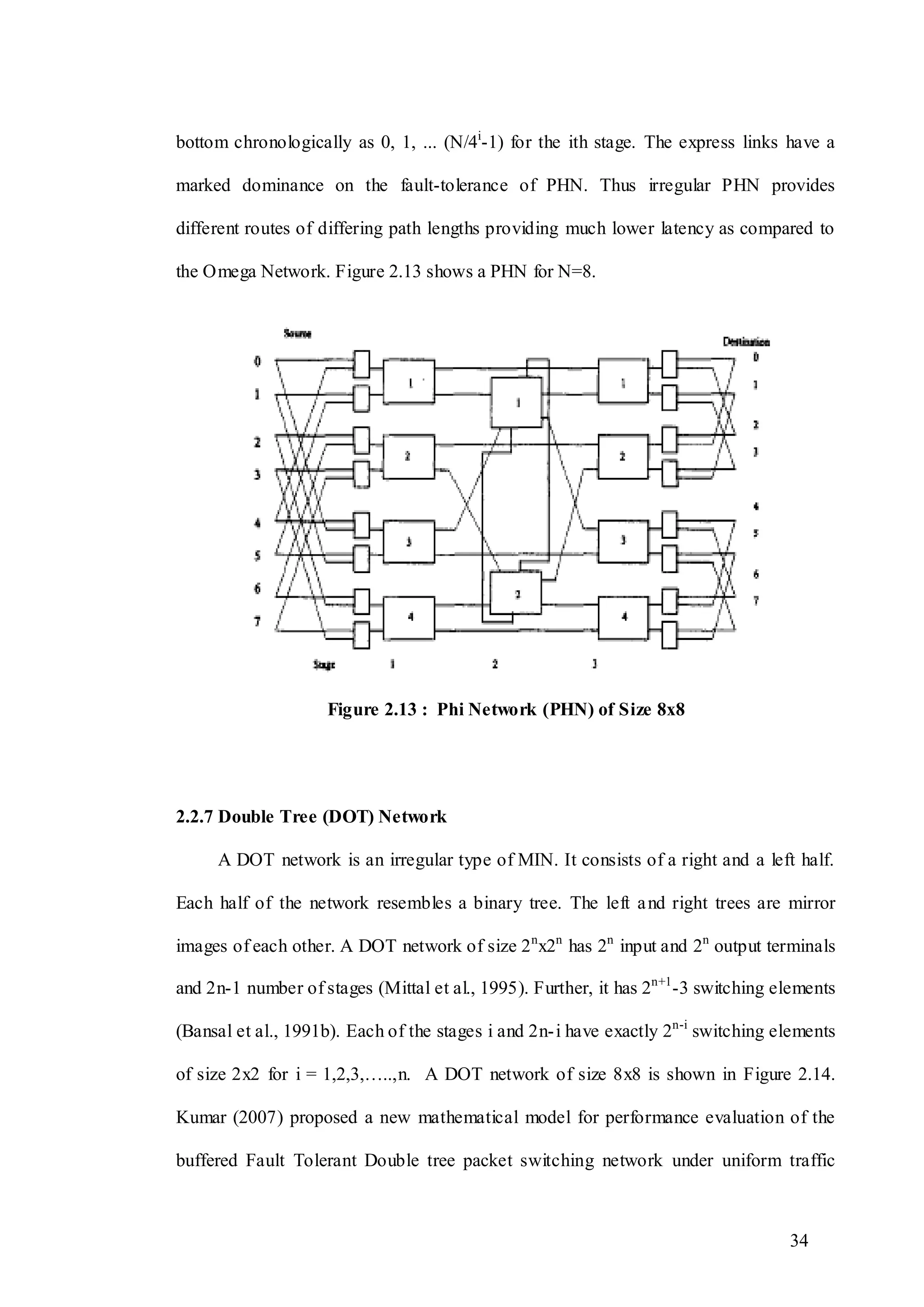 34
bottom chronologically as 0, 1, ... (N/4i
-1) for the ith stage. The express links have a
marked dominance on the fault-tolerance of PHN. Thus irregular PHN provides
different routes of differing path lengths providing much lower latency as compared to
the Omega Network. Figure 2.13 shows a PHN for N=8.
Figure 2.13 : Phi Network (PHN) of Size 8x8
2.2.7 Double Tree (DOT) Network
A DOT network is an irregular type of MIN. It consists of a right and a left half.
Each half of the network resembles a binary tree. The left and right trees are mirror
images of each other. A DOT network of size 2n
x2n
has 2n
input and 2n
output terminals
and 2n-1 number of stages (Mittal et al., 1995). Further, it has 2n+1
-3 switching elements
(Bansal et al., 1991b). Each of the stages i and 2n-i have exactly 2n-i
switching elements
of size 2x2 for i = 1,2,3,…..,n. A DOT network of size 8x8 is shown in Figure 2.14.
Kumar (2007) proposed a new mathematical model for performance evaluation of the
buffered Fault Tolerant Double tree packet switching network under uniform traffic
 