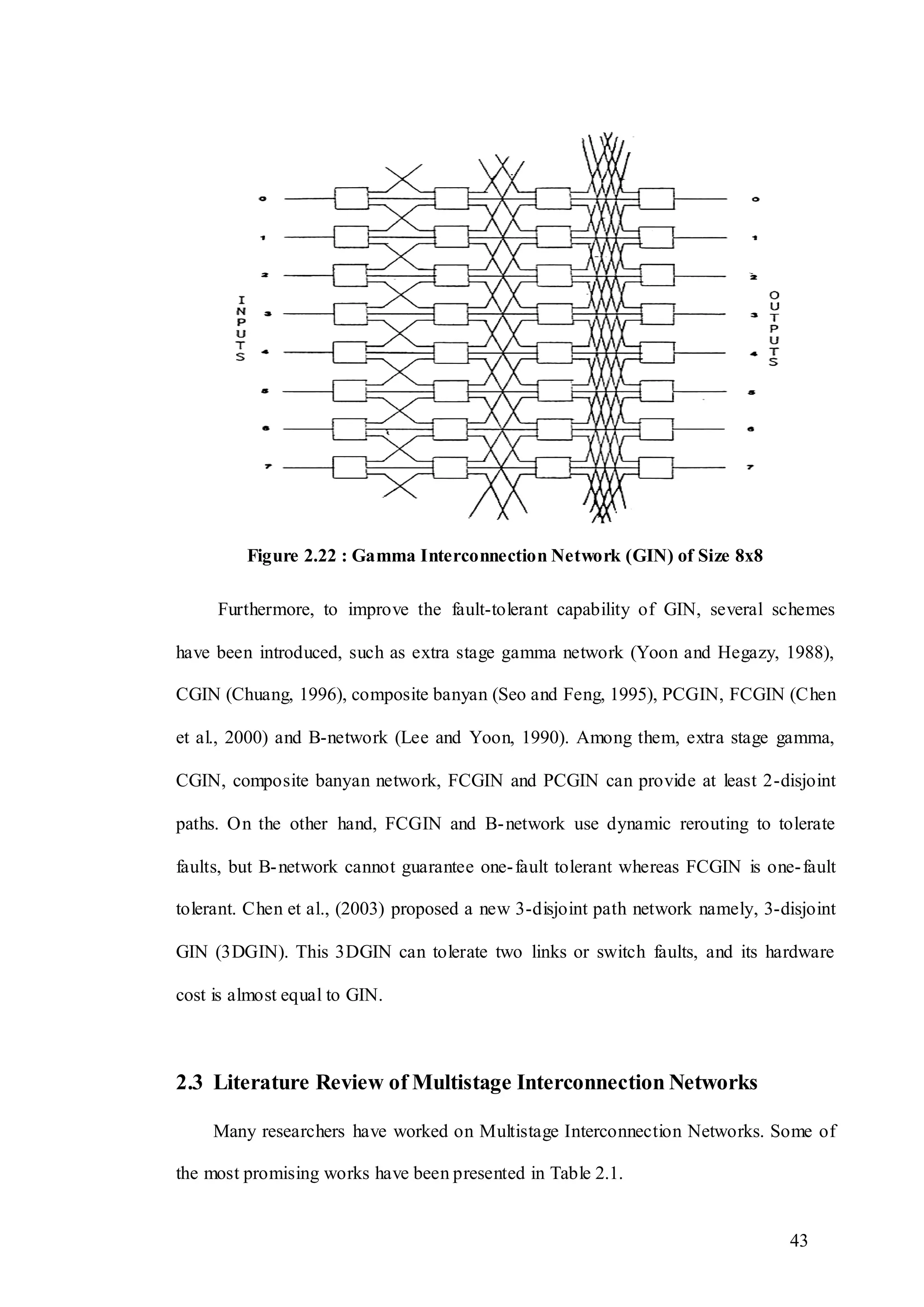 43
Figure 2.22 : Gamma Interconnection Network (GIN) of Size 8x8
Furthermore, to improve the fault-tolerant capability of GIN, several schemes
have been introduced, such as extra stage gamma network (Yoon and Hegazy, 1988),
CGIN (Chuang, 1996), composite banyan (Seo and Feng, 1995), PCGIN, FCGIN (Chen
et al., 2000) and B-network (Lee and Yoon, 1990). Among them, extra stage gamma,
CGIN, composite banyan network, FCGIN and PCGIN can provide at least 2-disjoint
paths. On the other hand, FCGIN and B-network use dynamic rerouting to tolerate
faults, but B-network cannot guarantee one-fault tolerant whereas FCGIN is one-fault
tolerant. Chen et al., (2003) proposed a new 3-disjoint path network namely, 3-disjoint
GIN (3DGIN). This 3DGIN can tolerate two links or switch faults, and its hardware
cost is almost equal to GIN.
2.3 Literature Review of Multistage Interconnection Networks
Many researchers have worked on Multistage Interconnection Networks. Some of
the most promising works have been presented in Table 2.1.
 