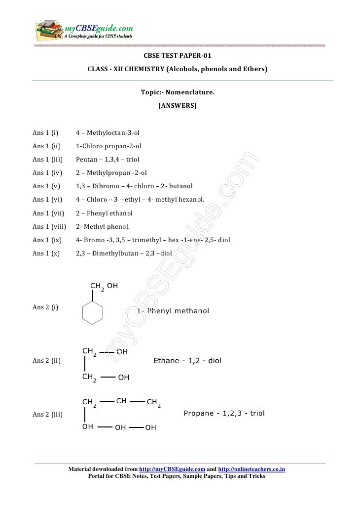 12 Chemistry Alcohols Phenols Ethers Test 01 Answer Se3g