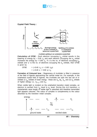 81 XII – Chemistry
AK
Crystal Field Theory :
Calculation of CFSE : Each electron occupying t2g orbital results in the
lowering of energy by – 0.40 0 and each electron occupying the eg orbital
increases the energy by + 0.60 0. If x is the no. of electrons occupying t2g
orbitals and ‘y’ is the no. of electrons occupying the eg orbitals, then CFSE
is given by
CFSE = (–0.40 0 x + 0.60 0y)
= (–0.40 x + 0.60 y) 0
Formation of Coloured Ions : Degeneracy of d-orbitals is lifted in presence
of the field of ligands approaching the central metal ion. For example, in the
octahedral crystal field of ligands, the d-orbitals are split into two set of d-
orbitals (i) t2g orbitals of lower energy : these are dxy dyz, dxz and (ii) eg orbitals
of higher energy i.e., dx2–y2 and dz2.
When visible light is incident on the octahedral transition metal complex, an
electron is excited from t2g level to eg level. During this d-d transition, a
characteristic wave length of visible light is absorbed and therefore transmitted
light appears coloured. The colour of complex is complementry to the colour
absorbed by the transition metal complex.
 