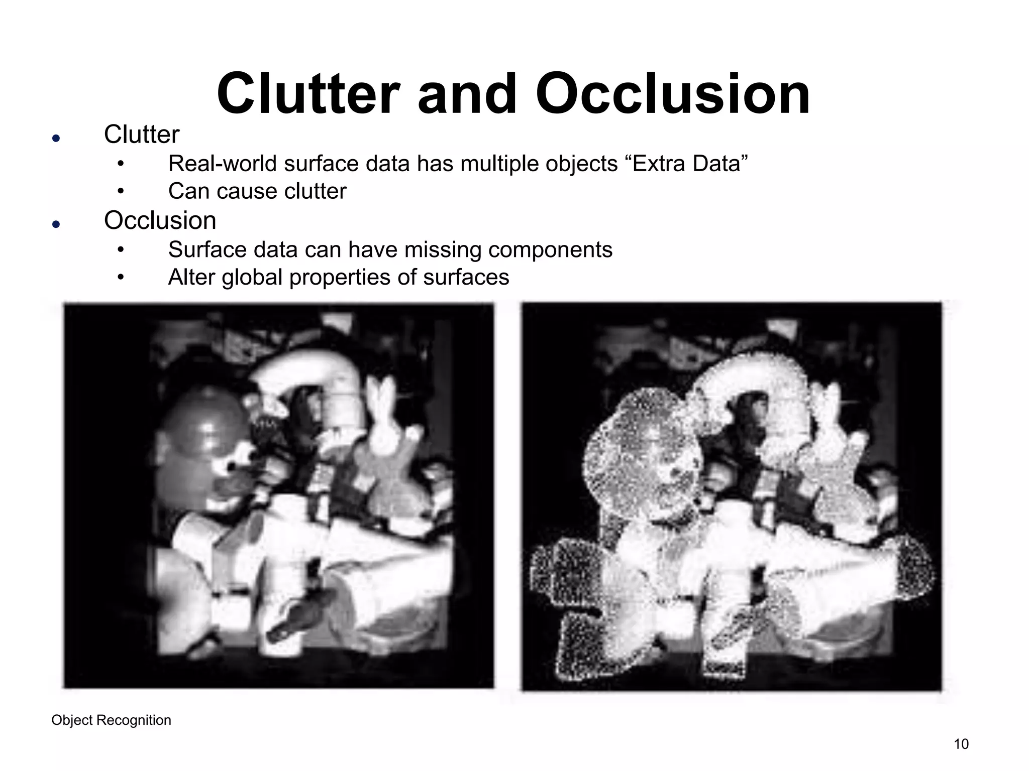 10
Object Recognition
Clutter and Occlusion
 Clutter
• Real-world surface data has multiple objects “Extra Data”
• Can cause clutter
 Occlusion
• Surface data can have missing components
• Alter global properties of surfaces
 