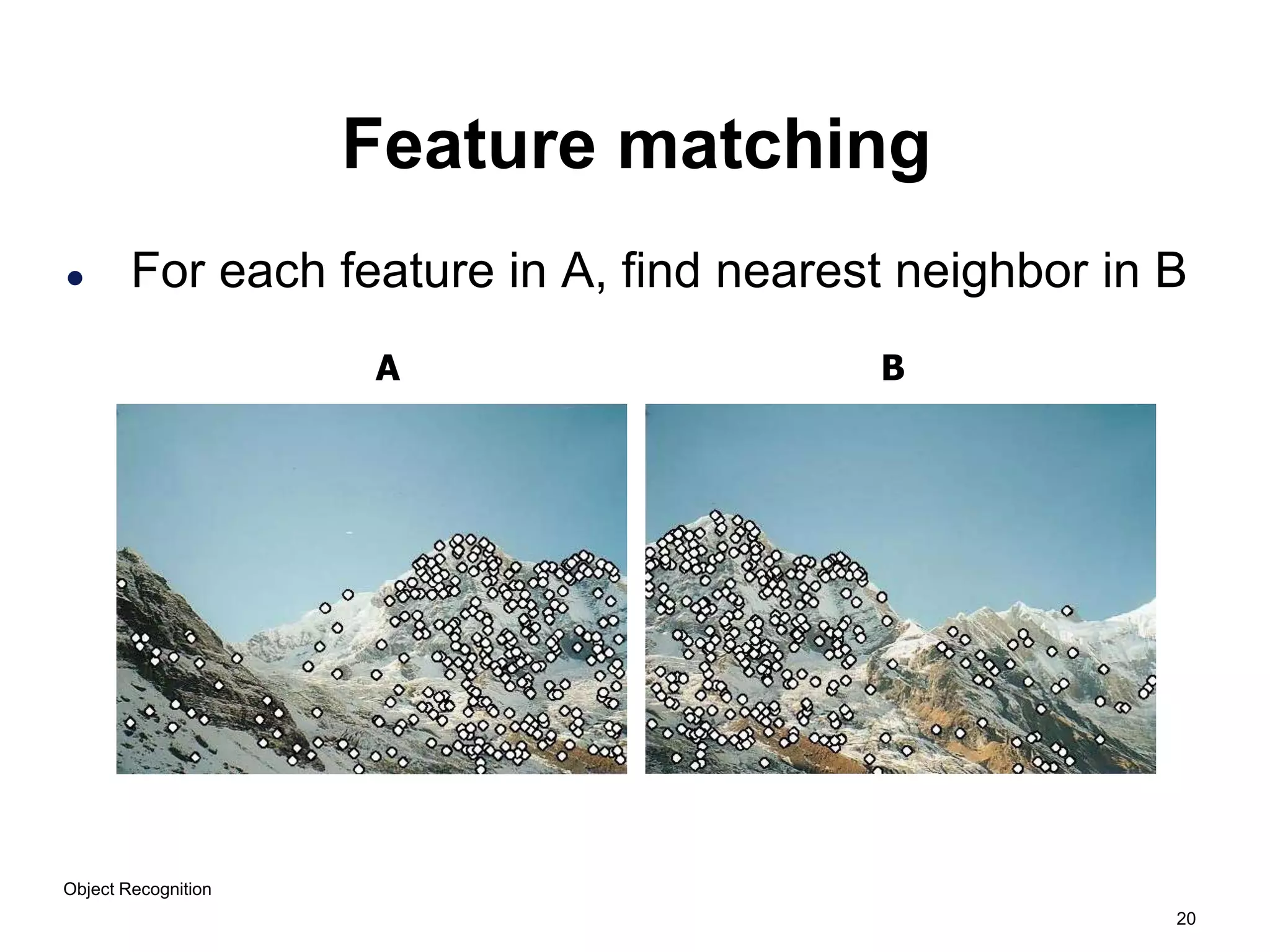 20
Feature matching
 For each feature in A, find nearest neighbor in B
A B
Object Recognition
 