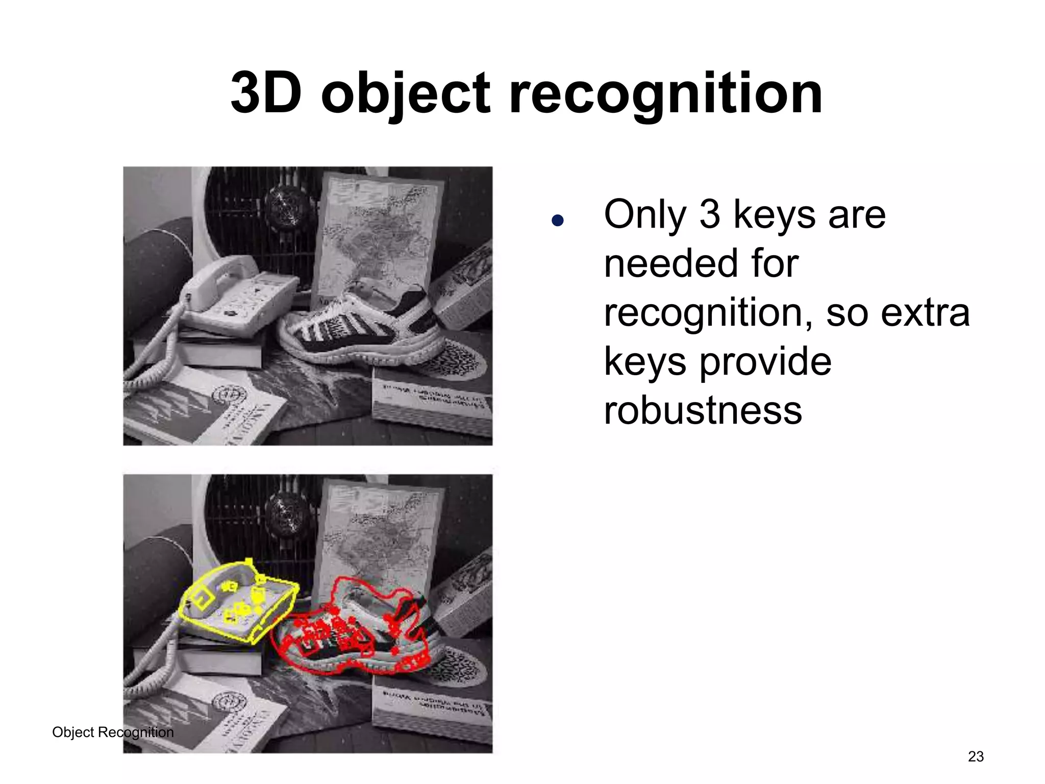 23
3D object recognition
 Only 3 keys are
needed for
recognition, so extra
keys provide
robustness
Object Recognition
 
