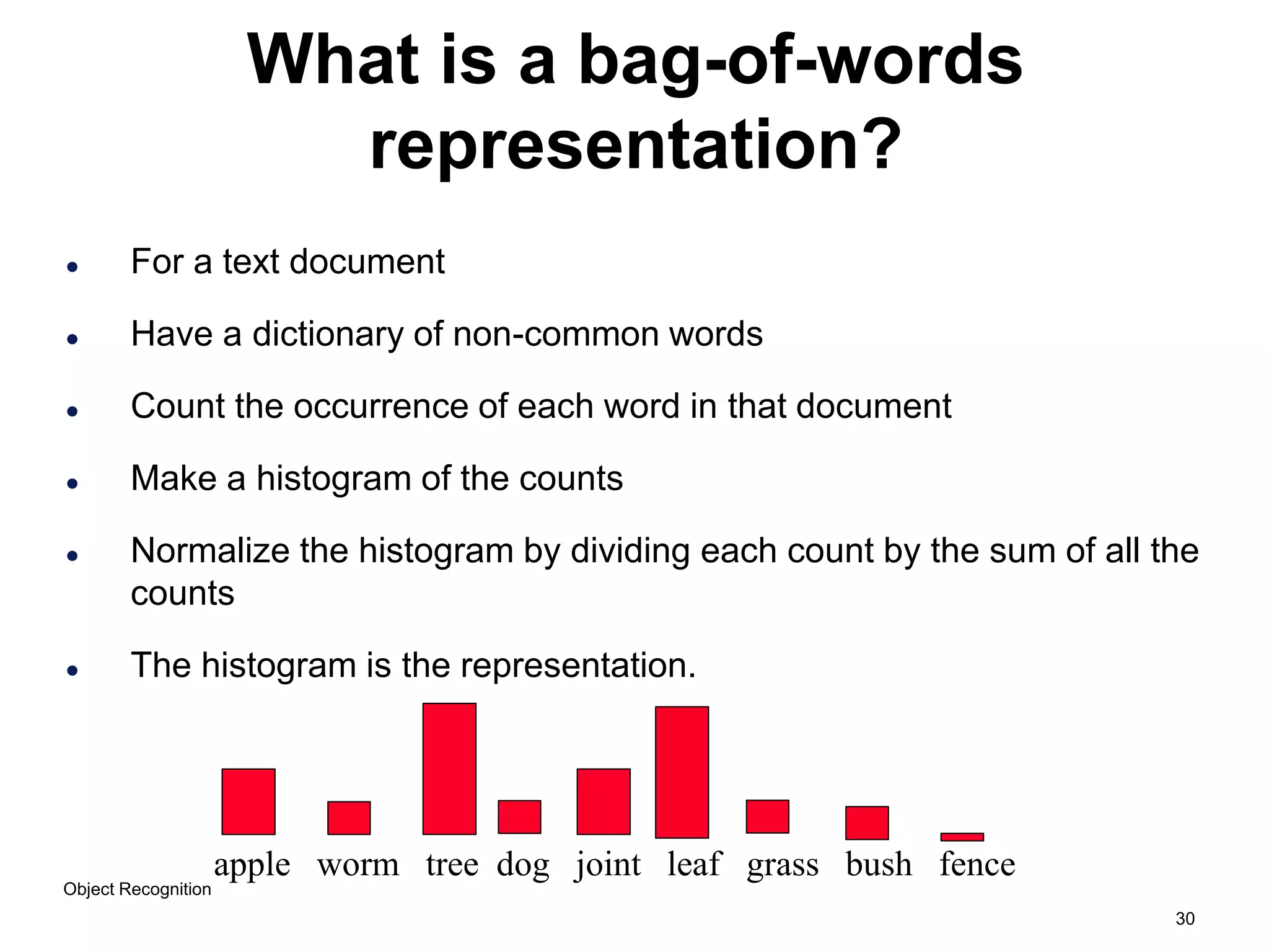 30
What is a bag-of-words
representation?
 For a text document
 Have a dictionary of non-common words
 Count the occurrence of each word in that document
 Make a histogram of the counts
 Normalize the histogram by dividing each count by the sum of all the
counts
 The histogram is the representation.
apple worm tree dog joint leaf grass bush fence
Object Recognition
 
