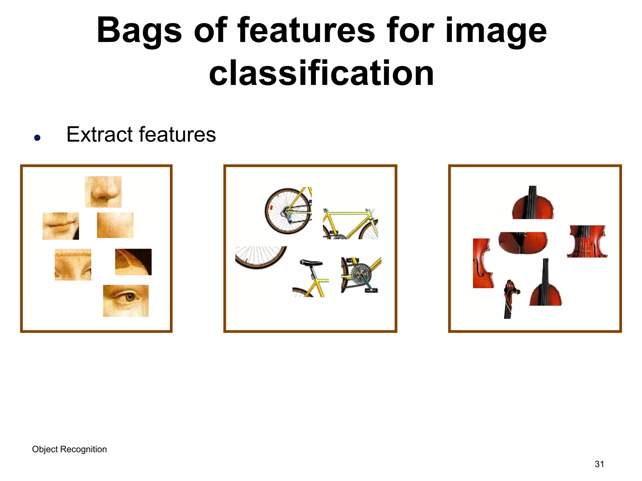 31
Bags of features for image
classification
 Extract features
Object Recognition
 
