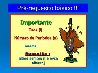 Pré-requesito básico !!! Importante Taxa (i)   e  Número de Períodos (n) devem estar sempre na  mesma  base !! Sugestão  :   altere sempre  n  e evite alterar  i 
