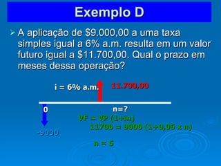 Exemplo D A aplicação de $9.000,00 a uma taxa simples igual a 6% a.m. resulta em um valor futuro igual a $11.700,00. Qual o prazo em meses dessa operação?  11.700,00 -9000 n=? 0 i = 6% a.m. VF = VP (1+in) 11700 = 9000 (1+0,06 x n) n = 5 