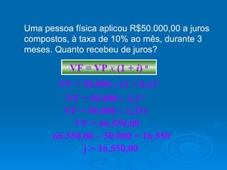 Uma pessoa física aplicou R$50.000,00 a juros compostos, à taxa de 10% ao mês, durante 3 meses. Quanto recebeu de juros? VF = VP  x   (1 +  i )  n VF = 50.000  x   (1 +   0,1) 3 VF = 50.000  x   1,1 3 VF = 50.000  x   1,331 VF = 66.550,00 66.550,00 – 50.000 = 16.550 j = 16.550,00 