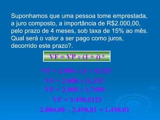 Suponhamos que uma pessoa tome emprestada, a juro composto, a importância de R$2.000,00, pelo prazo de 4 meses, sob taxa de 15% ao mês. Qual será o valor a ser pago como juros, decorrido este prazo?. VF = VP  x   (1 +  i )  n VF = 2.000  x   (1 +   0,15) 4 VF = 2.000  x   (1,15) 4 VF = 2.000  x   1,7490 VF = 3.498,0125 2.000,00 – 3.498,01 = 1.498,01 