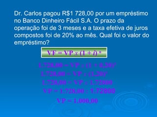 Dr. Carlos pagou R$1 728,00 por um empréstimo no Banco Dinheiro Fácil S.A. O prazo da operação foi de 3 meses e a taxa efetiva de juros compostos foi de 20% ao mês. Qual foi o valor do empréstimo? VF = VP  x   (1 +  i )  n 1.728,00 = VP  x   (1 +   0,20) 3 1.728,00 = VP  x   (1,20) 3 1.728,00 = VP  x   1.72800 VP = 1.728,00 :  1.72800 VP = 1.000,00 