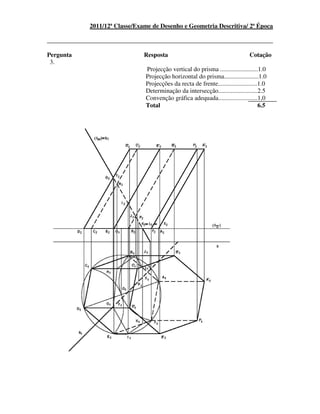 2011/12ª Classe/Exame de Desenho e Geometria Descritiva/ 2ª Época
________________________________________________________________________
Pergunta Resposta Cotação
3.
Projecção vertical do prisma ........................1.0
Projecção horizontal do prisma......................1.0
Projecções da recta de frente.........................1.0
Determinação da intersecção.........................2.5
Convenção gráfica adequada.........................1,0
Total 6.5
 