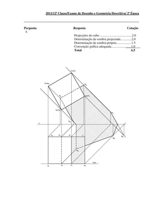 2011/12ª Classe/Exame de Desenho e Geometria Descritiva/ 2ª Época
________________________________________________________________________
Pergunta Resposta Cotação
4.
Projecções do cubo ........................................2.0
Determinação da sombra projectada..............2,0
Determinação da sombra própria...................1.5
Convenção gráfica adequada.........................1,0
Total 6,5
 