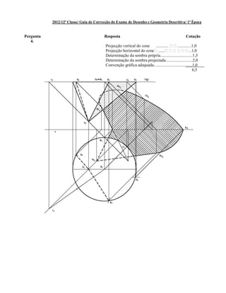 2012/12ª Classe/ Guia de Correcção do Exame de Desenho e Geometria Descritiva/ 1ª Época
Pergunta Resposta Cotação
4.
Projecção vertical do cone ............ ! ! .............1,0
Projecção horizontal do cone! ......! ! ! ! ! ! ..1,0
Determinação da sombra própria...............................1,5
Determinação da sombra projectada..........................2,0
Convenção gráfica adequada.....................................1,0
6,5
 