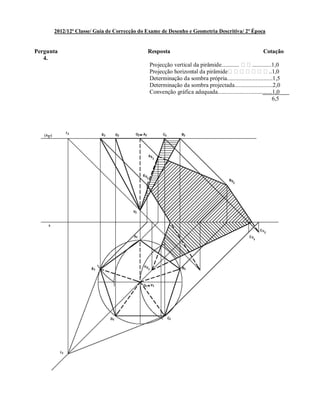 2012/12ª Classe/ Guia de Correcção do Exame de Desenho e Geometria Descritiva/ 2ª Época
Pergunta Resposta Cotação
4.
Projecção vertical da pirâmide............ ! ! .............1,0
Projecção horizontal da pirâmide! ! ! ! ! ! ! ..1,0
Determinação da sombra própria...............................1,5
Determinação da sombra projectada..........................2,0
Convenção gráfica adequada.....................................1,0
6,5
 