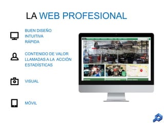 LA WEB PROFESIONAL
BUEN DISEÑO
INTUITIVA
RÁPIDA
CONTENIDO DE VALOR
LLAMADAS A LA ACCIÓN
ESTADÍSTICAS

VISUAL

MÓVIL

 