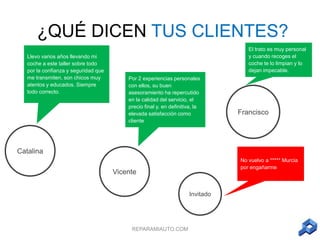 ¿QUÉ DICEN TUS CLIENTES?
Llevo varios años llevando mi
coche a este taller sobre todo
por la confianza y seguridad que
me transmiten, son chicos muy
atentos y educados. Siempre
todo correcto.

El trato es muy personal
y cuando recoges el
coche te lo limpian y lo
dejan impecable.

Por 2 experiencias personales
con ellos, su buen
asesoramiento ha repercutido
en la calidad del servicio, el
precio final y, en definitiva, la
elevada satisfacción como
cliente

Francisco

Catalina
No vuelvo a ***** Murcia
por engañarme

Vicente
Invitado

REPARAMIAUTO.COM

 