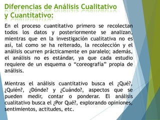 En el proceso cuantitativo primero se recolectan
todos los datos y posteriormente se analizan,
mientras que en la investigación cualitativa no es
así, tal como se ha reiterado, la recolección y el
análisis ocurren prácticamente en paralelo; además,
el análisis no es estándar, ya que cada estudio
requiere de un esquema o “coreografía” propia de
análisis.
Mientras el análisis cuantitativo busca el ¿Qué?,
¿Quién?, ¿Dónde? y ¿Cuándo?, aspectos que se
pueden medir, contar o ponderar. El análisis
cualitativo busca el ¿Por Qué?, explorando opiniones,
sentimientos, actitudes, etc.
 