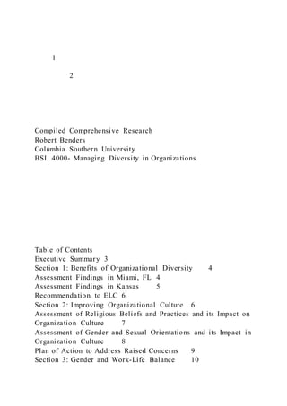 1
2
Compiled Comprehensive Research
Robert Benders
Columbia Southern University
BSL 4000- Managing Diversity in Organizations
Table of Contents
Executive Summary 3
Section 1: Benefits of Organizational Diversity 4
Assessment Findings in Miami, FL 4
Assessment Findings in Kansas 5
Recommendation to ELC 6
Section 2: Improving Organizational Culture 6
Assessment of Religious Beliefs and Practices and its Impact on
Organization Culture 7
Assessment of Gender and Sexual Orientations and its Impact in
Organization Culture 8
Plan of Action to Address Raised Concerns 9
Section 3: Gender and Work-Life Balance 10
 