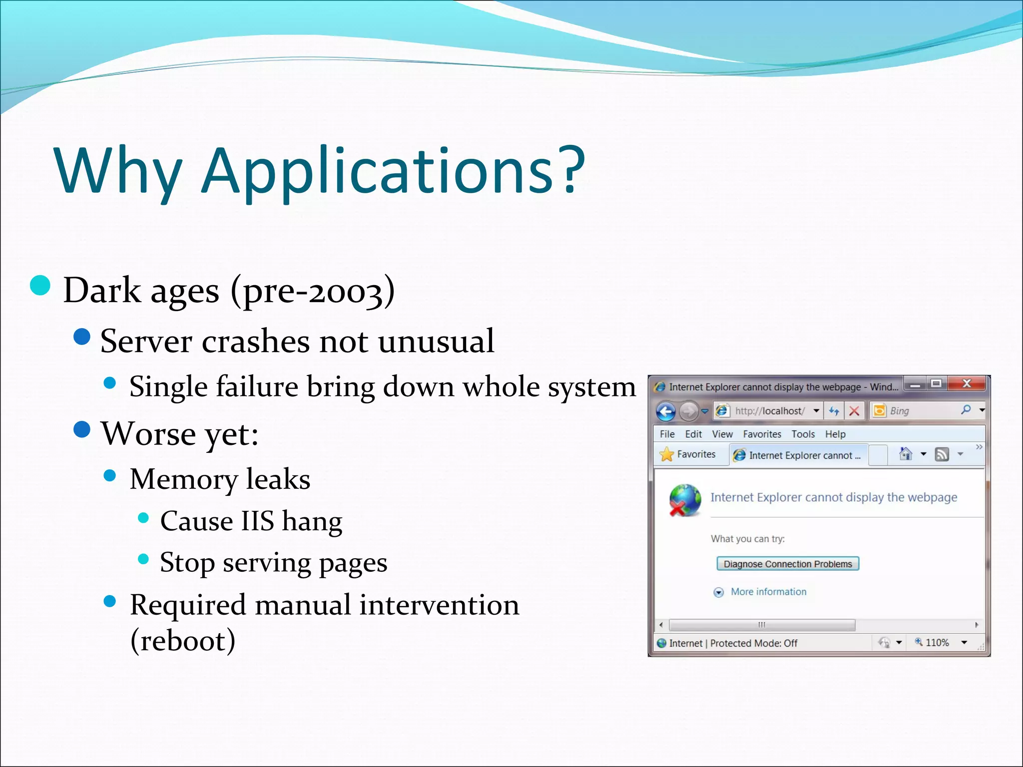 Why Applications?
Dark ages (pre-2003)
Server crashes not unusual
 Single failure bring down whole system
Worse yet:
 Memory leaks
 Cause IIS hang
 Stop serving pages
 Required manual intervention
(reboot)
 