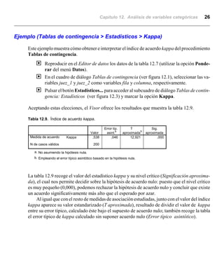 Capítulo 12. Análisis de variables categóricas 26
,538 ,046 12,921 ,000
200
KappaMedida de acuerdo
N de casos válidos
Valor
Error típ.
asint.
a
T
aproximada
b
Sig.
aproximada
No asumiendo la hipótesis nula.a.
Empleando el error típico asintótico basado en la hipótesis nula.b.
Ejemplo (Tablas de contingencia > Estadísticos > Kappa)
Este ejemplo muestra cómo obtener e interpretar el índice de acuerdo kappa del procedimiento
Tablas de contingencia.
| Reproducir en el Editor de datos los datos de la tabla 12.7 (utilizar la opción Ponde-
rar del menú Datos).
| En el cuadro de diálogo Tablas de contingencia (ver figura 12.1), seleccionar las va-
riables juez_1 y juez_2 como variables fila y columna, respectivamente.
| Pulsar el botón Estadísticos... para acceder al subcuadro de diálogo Tablas de contin-
gencia: Estadísticos (ver figura 12.3) y marcar la opción Kappa.
Aceptando estas elecciones, el Visor ofrece los resultados que muestra la tabla 12.9.
Tabla 12.9. Índice de acuerdo kappa.
La tabla 12.9 recoge el valor del estadístico kappa y su nivel crítico (Significación aproxima-
da), el cual nos permite decidir sobre la hipótesis de acuerdo nulo: puesto que el nivel crítico
es muy pequeño (0,000), podemos rechazar la hipótesis de acuerdo nulo y concluir que existe
un acuerdo significativamente más alto que el esperado por azar.
Al igual que con el resto de medidas de asociación estudiadas, junto con el valor del índice
kappa aparece su valor estandarizado (T aproximada), resultado de dividir el valor de kappa
entre su error típico, calculado éste bajo el supuesto de acuerdo nulo; también recoge la tabla
el error típico de kappa calculado sin suponer acuerdo nulo (Error típico asintótico).
 