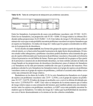 Capítulo 12. Análisis de variables categóricas 28
Recuento
23 81 104
9 127 136
32 208 240
Fuman
No fuman
Tabaquismo
Total
Con problemas Sin problemas
Problemas vasculares
Total
Tabla 12.10. Tabla de contingencia de tabaquismo por problemas vasculares.
Entre los fumadores, la proporción de casos con problemas vasculares vale 23/104 = 0,221.
Entre los no fumadores, esa proporción vale 9/136 = 0,066. El riesgo relativo se obtiene divi-
diendo ambas proporciones: 0,221/0,066 = 3,34. Este índice de riesgo (3,34) informa sobre el
númerode veces queesmásprobableencontrarproblemasvascularesensujetosfumadoresque
en sujetos no fumadores. Un índice de riesgo de 1 indica que los grupos considerados no difie-
ren en la proporción de desenlaces.
En los diseños de caso-control, tras formar dos grupos de sujetos a partir de alguna condi-
ción de interés, se va hacia atrás buscando la presencia de algún factor desencadenante. El mis-
mo estudio sobre tabaquismo y problemas vasculares podría diseñarse seleccionando dos gru-
pos de sujetos diferenciados por la presencia de problemas vasculares y buscando en la historia
clínica la presencia o no del hábito de fumar. Puesto que el tamaño de los grupos se fija a partir
de la presencia o ausencia de un determinado desenlace, no tiene sentido calcular un índice de
riesgo basado en las proporciones de desenlaces (incidencias), pues el número de fumadores
y no fumadores no ha sido previamente establecido sino que es producto del muestreo. Pero
podemos calcular la ratio fumadores/no-fumadores tanto en el grupo de sujetos con problemas
vasculares como en el grupo de sujetos sin problemas, y utilizar el cociente entre ambas ratios
como una estimación del riesgo relativo.
Basándonos en los datos de la tabla 12.10, la ratio fumadores/no-fumadores en el grupo
de sujetos con problemas vasculares vale: 23/9 = 2,5556; y en el grupo de sujetos sin proble-
mas: 81/127 = 0,6378. El índice de riesgo en un diseño caso-control se obtiene dividiendo am-
bas ratios: 2,5556/0,6378 = 4,007. Este valor se interpreta de la misma manera que el índice
de riesgo relativo (pues es una estimación del mismo), pero también admite esta otra interpre-
tación: entre los sujetos con problemas vasculares, es 4,007 veces más probable encontrar fu-
madores que no fumadores. Un índice de riesgo de 1 indica que la probabilidad de encontrar-
nos con el factor desencadenante es la misma en las dos cohortes estudiadas.
 