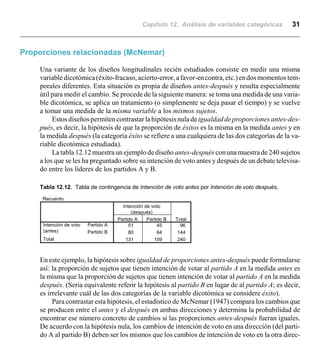 Capítulo 12. Análisis de variables categóricas 31
Recuento
51 45 96
80 64 144
131 109 240
Partido A
Partido B
Intención de voto
(antes)
Total
Partido A Partido B
Intención de voto
(después)
Total
Proporciones relacionadas (McNemar)
Una variante de los diseños longitudinales recién estudiados consiste en medir una misma
variable dicotómica(éxito-fracaso,acierto-error,afavor-encontra,etc.)endosmomentos tem-
porales diferentes. Esta situación es propia de diseños antes-después y resulta especialmente
útil para medir el cambio. Se procede de la siguiente manera: se toma una medida de una varia-
ble dicotómica, se aplica un tratamiento (o simplemente se deja pasar el tiempo) y se vuelve
a tomar una medida de la misma variable a los mismos sujetos.
Estos diseños permitencontrastarlahipótesisnuladeigualdadde proporciones antes-des-
pués, es decir, la hipótesis de que la proporción de éxitos es la misma en la medida antes y en
la medida después (la categoría éxito se refiere a una cualquiera de las dos categorías de la va-
riable dicotómica estudiada).
La tabla 12.12 muestra un ejemplo de diseño antes-después conunamuestrade 240 sujetos
a los que se les ha preguntado sobre su intención de voto antes y después de un debate televisa-
do entre los líderes de los partidos A y B.
Tabla 12.12. Tabla de contingencia de Intención de voto antes por Intención de voto después.
En este ejemplo, la hipótesis sobre igualdad de proporciones antes-después puede formularse
así: la proporción de sujetos que tienen intención de votar al partido A en la medida antes es
la misma que la proporción de sujetos que tienen intención de votar al partido A en la medida
después. (Sería equivalente referir la hipótesis al partido B en lugar de al partido A; es decir,
es irrelevante cuál de las dos categorías de la variable dicotómica se considere éxito).
Para contrastar esta hipótesis, el estadístico de McNemar (1947) compara los cambios que
se producen entre el antes y el después en ambas direcciones y determina la probabilidad de
encontrar ese número concreto de cambios si las proporciones antes-después fueran iguales.
De acuerdo con la hipótesis nula, los cambios de intención de voto en una dirección (del parti-
do A al partido B) deben ser los mismos que los cambios de intención de voto en la otra direc-
 