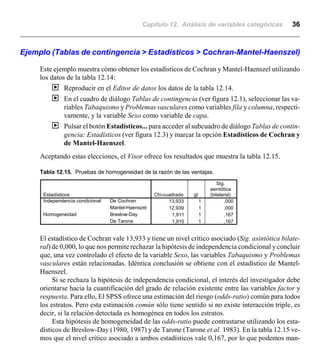 Capítulo 12. Análisis de variables categóricas 36
13,933 1 ,000
12,939 1 ,000
1,911 1 ,167
1,910 1 ,167
Estadísticos
De Cochran
Mantel-Haenszel
Independencia condicional
Breslow-Day
De Tarone
Homogeneidad
Chi-cuadrado gl
Sig.
asintótica
(bilateral)
Ejemplo (Tablas de contingencia > Estadísticos > Cochran-Mantel-Haenszel)
Este ejemplo muestra cómo obtener los estadísticos de Cochran y Mantel-Haenszel utilizando
los datos de la tabla 12.14:
| Reproducir en el Editor de datos los datos de la tabla 12.14.
| En el cuadro de diálogo Tablas de contingencia (ver figura 12.1), seleccionar las va-
riables Tabaquismo y Problemas vasculares como variables fila y columna, respecti-
vamente, y la variable Sexo como variable de capa.
| Pulsar el botón Estadísticos... para acceder al subcuadro de diálogo Tablas de contin-
gencia: Estadísticos (ver figura 12.3) y marcar la opción Estadísticos de Cochran y
de Mantel-Haenszel.
Aceptando estas elecciones, el Visor ofrece los resultados que muestra la tabla 12.15.
Tabla 12.15. Pruebas de homogeneidad de la razón de las ventajas.
El estadístico de Cochran vale 13,933 y tiene un nivel crítico asociado (Sig. asintótica bilate-
ral) de 0,000, lo que nos permite rechazar la hipótesis de independencia condicional y concluir
que, una vez controlado el efecto de la variable Sexo, las variables Tabaquismo y Problemas
vasculares están relacionadas. Idéntica conclusión se obtiene con el estadístico de Mantel-
Haenszel.
Si se rechaza la hipótesis de independencia condicional, el interés del investigador debe
orientarse hacia la cuantificación del grado de relación existente entre las variables factor y
respuesta. Para ello, El SPSS ofrece una estimación del riesgo (odds-ratio) común para todos
los estratos. Pero esta estimación común sólo tiene sentido si no existe interacción triple, es
decir, si la relación detectada es homogénea en todos los estratos.
Esta hipótesis de homogeneidad de las odds-ratio puede contrastarse utilizando los esta-
dísticos de Breslow-Day (1980, 1987) y de Tarone (Tarone et al. 1983). En la tabla 12.15 ve-
mos que el nivel crítico asociado a ambos estadísticos vale 0,167, por lo que podemos man-
 