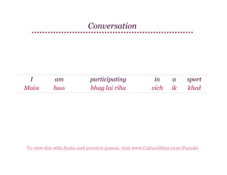 Conversation

I
Maiṁ

am
haṁ

participating
bhag lai riha

in
vich

a
ik

sport
khed

To view this with Audio and practice games, visit www.CultureAlley.com/Punjabi

 