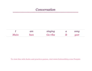 Conversation

I
Maiṁ

am
haṁ

singing
Ga riha

a
ik

song
geet

To view this with Audio and practice games, visit www.CultureAlley.com/Punjabi

 