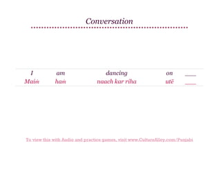 Conversation

I
Maiṁ

am
haṁ

dancing
naach kar riha

on
utē

___
___

To view this with Audio and practice games, visit www.CultureAlley.com/Punjabi

 