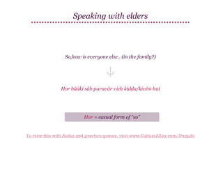 Speaking with elders

So,how is everyone else.. (in the family?)

Hor bāāki sāb paravār vich kidda/kivēṁ hai

Hor = casual form of “so”

To view this with Audio and practice games, visit www.CultureAlley.com/Punjabi

 