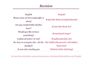 Revision
English
Please come sit here.(sofa/offer a
chair)
Are you comfortable/ok/fine
here?
Would you like to have
something?
A glass of water/ or tea?

Punjabi
Kripā ithē Betho ji (sōphā/kurāsī)
Kī tusī ithē theek ho?
Kī tusī kucch longe?
Ik galās pāṇī/jāṁ cha

So, how is everyone else.. (in the Hor bāāki sāb paravār vich kidda /
family?)

kivēṁ hai?

It was nice meeting you

Tuhānū mil ke āchā lagā

To view this with Audio and practice games, visit www.CultureAlley.com/Punjabi

 