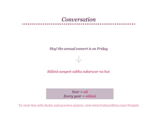 Conversation

Hey! the annual concert is on Friday

Sālānā sangeet sabha sukarwar nu hai

Year = sāl
Every year = sālānā
To view this with Audio and practice games, visit www.CultureAlley.com/Punjabi

 